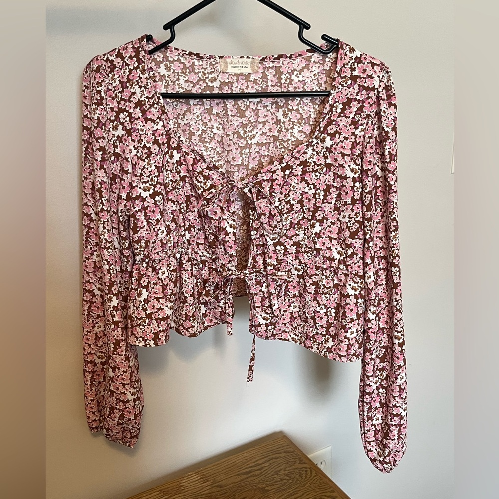 Altar'd State Pink Brown Bohemian Floral Front Tie Top size M